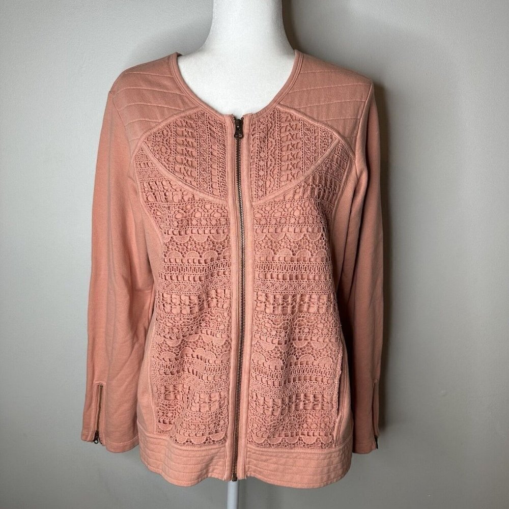 Orvis Women's Peach Quilted Lace Collarless Full Zip Pockets‎ Jacket Size Large